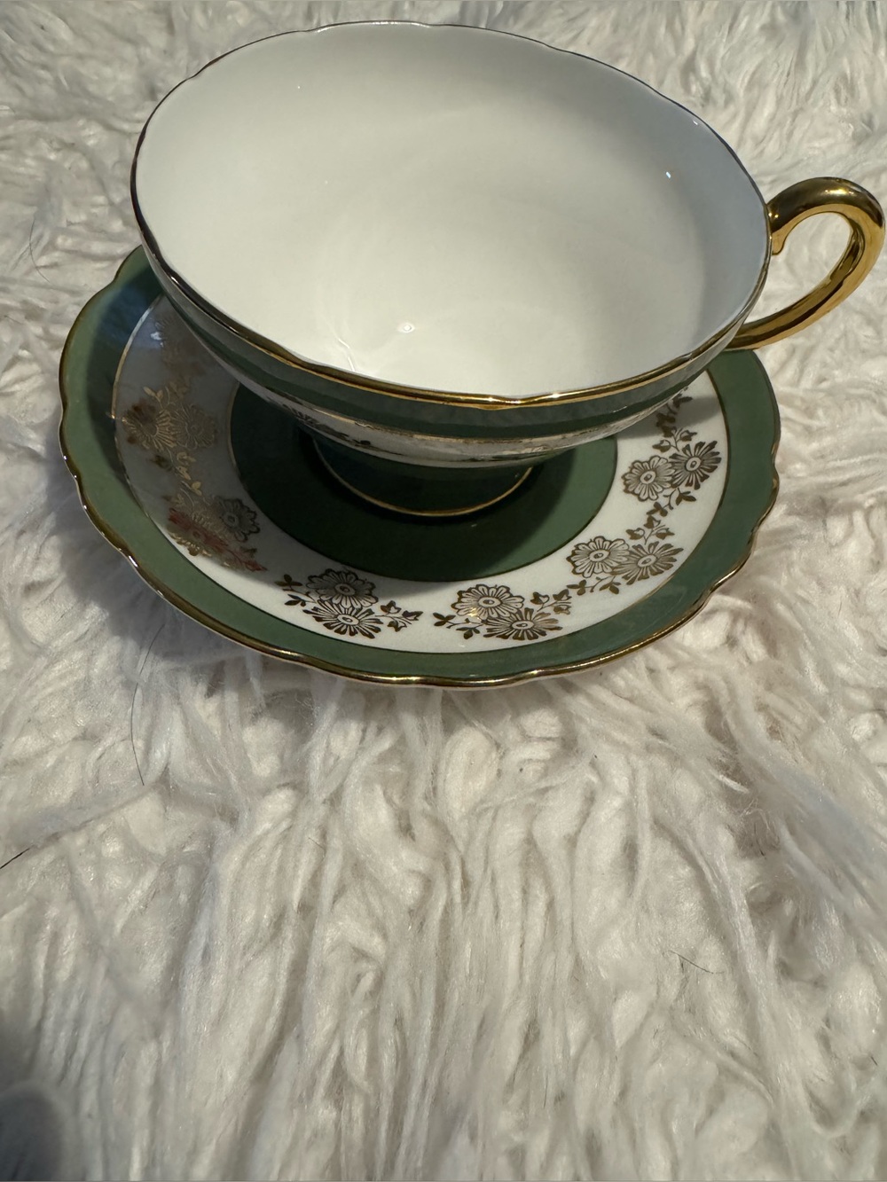Staffordshire Green and Gold Fine China Teacup and Saucer - Elegant Home Dining